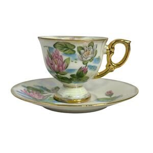 Ucagco "Flower of the Month" Footed Cup/Saucer Set July Water Lily Design